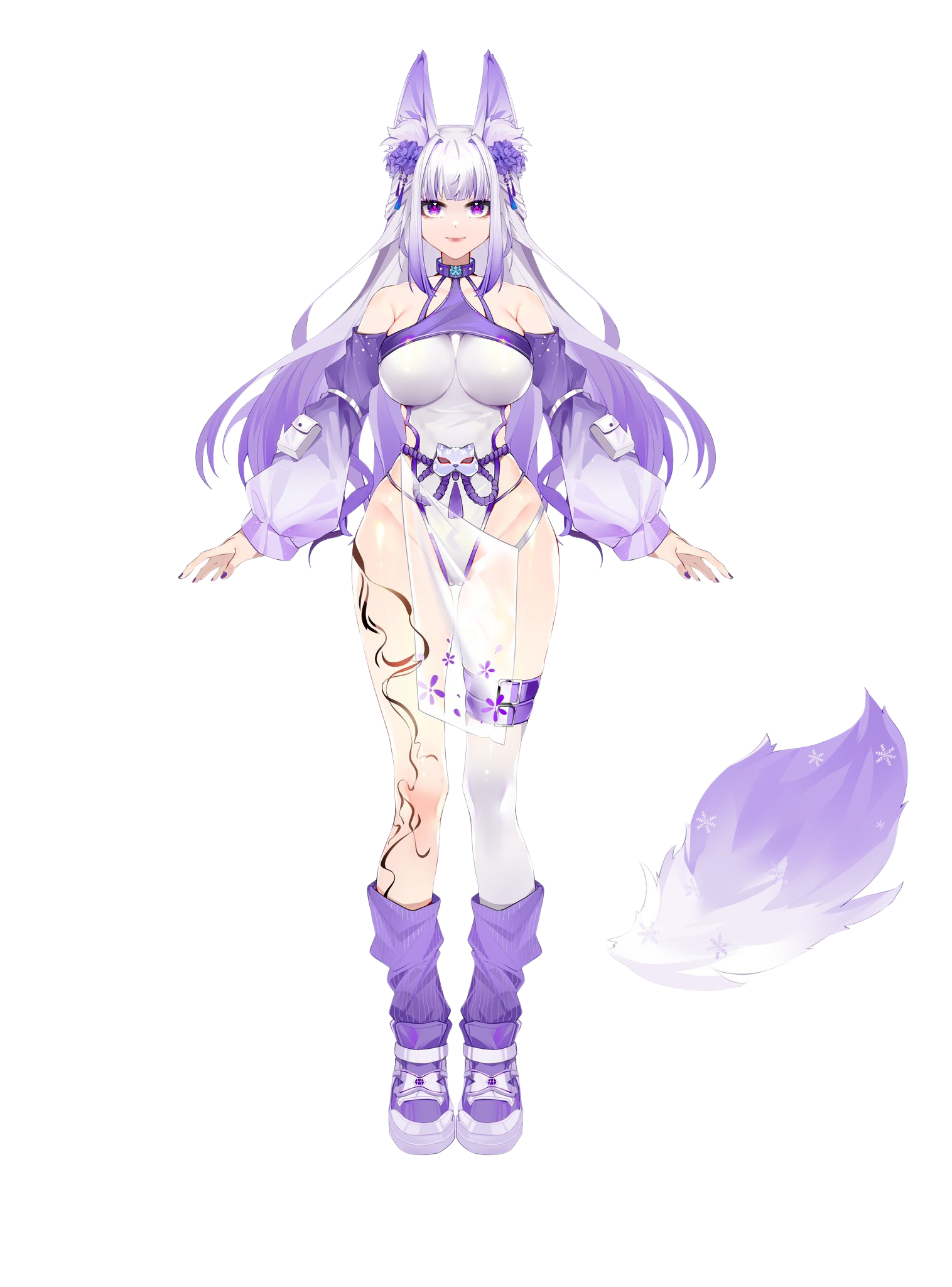 Debut Hanae in ihrem weiß-violetten Outfit mit langen Haaren